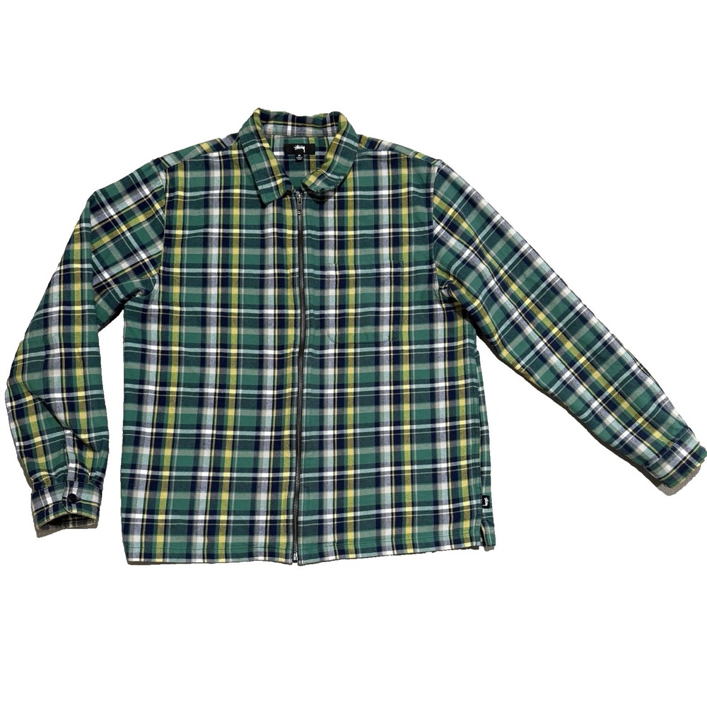 Stussy Classic Zip Up Plaid L/S Shirt Mens Medium Green Cotton Streetwear Skate
